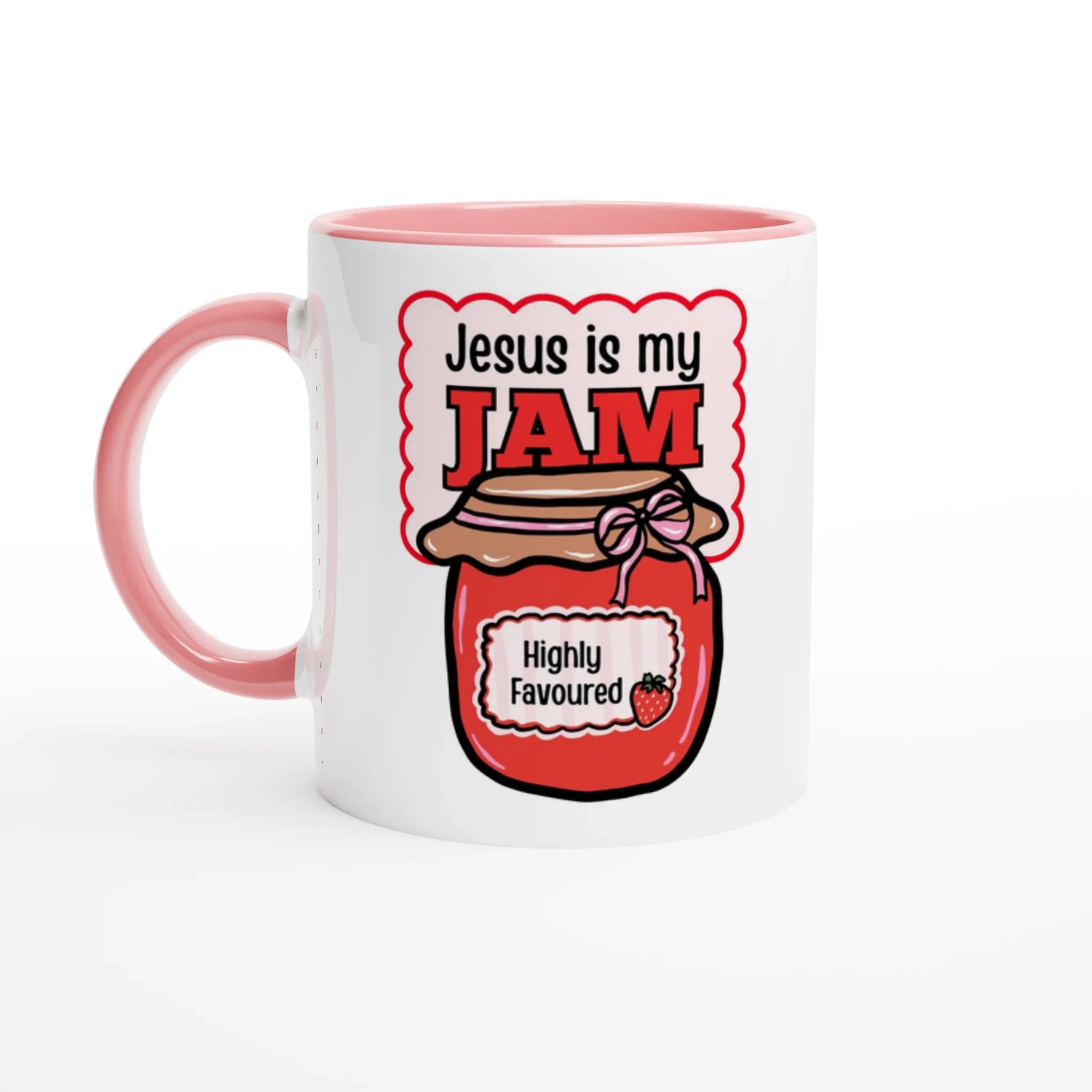 Jesus is my jam jam jar printed on mug with pink colour accents